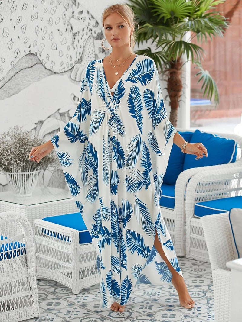 IMAGEKOPE Women's Plus Size Animal Print V-Neck Batwing Kaftan Beach Dress Bathing Suit Cover-Up Loungewear - Image 5